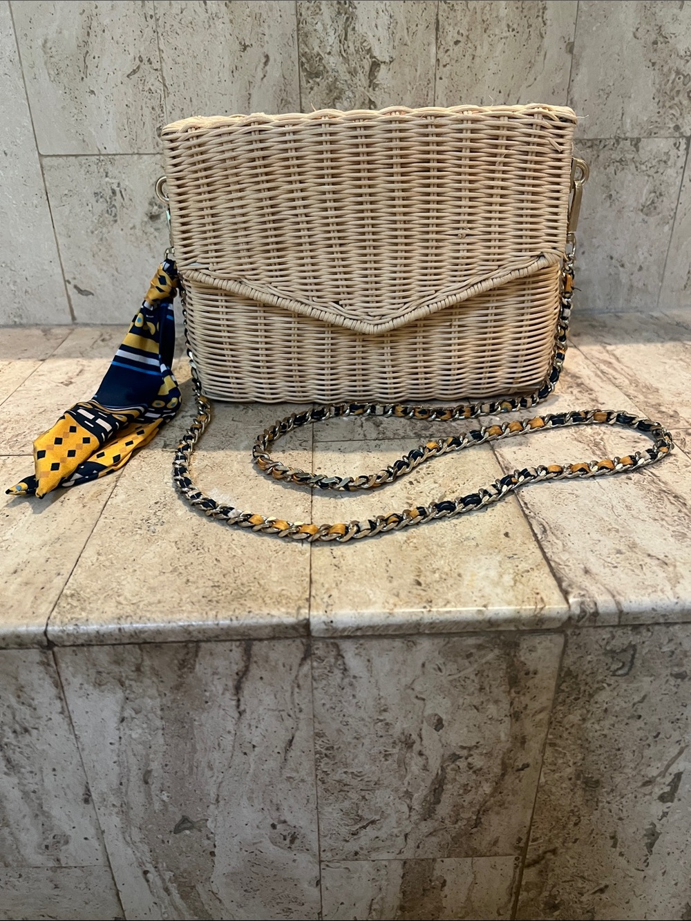 Zara Natural Woven Crossbody with Navy & Yellow Scarf Accent